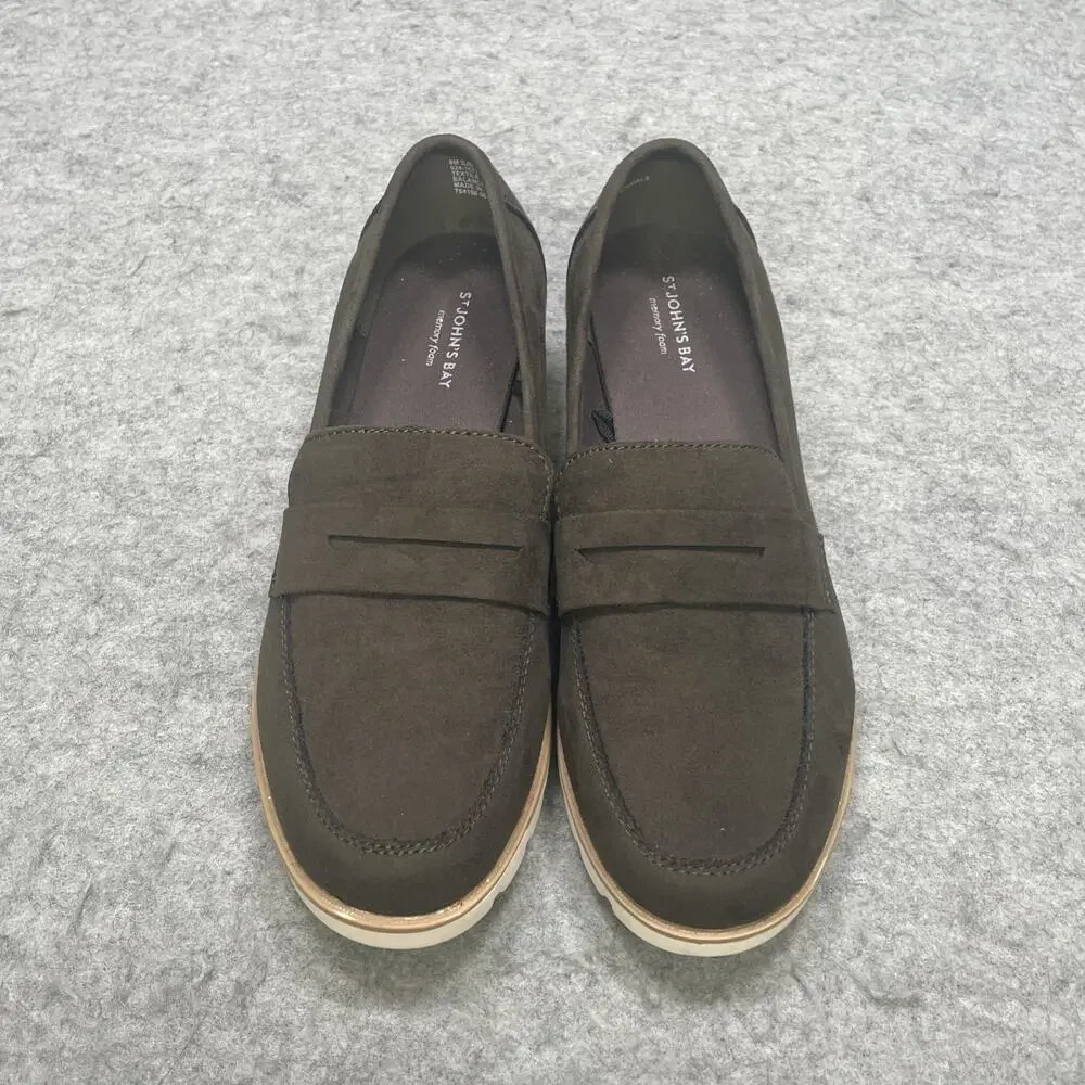 St. John’s Bay Barrow Loafers Women’s Size 8 Olive Green Slip On Comfort Shoes